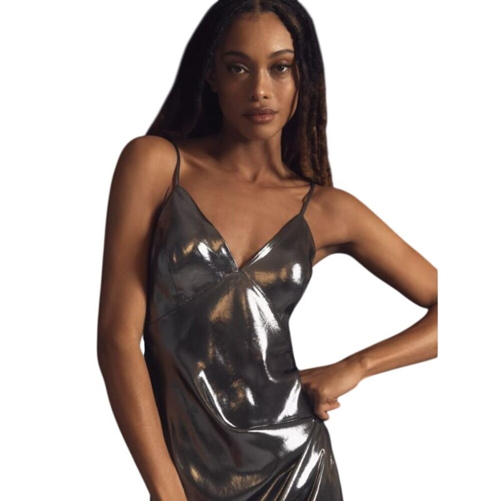 NWT Anthropologie Metallic V-Neck Maxi Slip Dress Small Petites